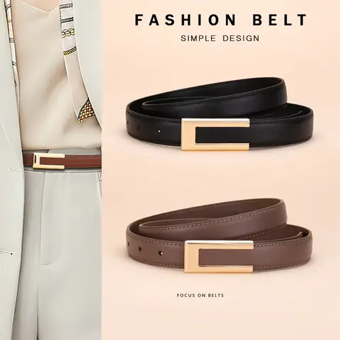 2 Pieces Vintage Thin Leather Belts, Classic Versatile Waistband, Rectangular Alloy Buckle Design Fashion Belt, Suitable for Jeans, Suits and Dresses, Casual Style Belts