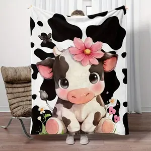 Cute Cartoon & Highland Cow Printed Fleece Blanket - Warm, Lightweight, Breathable, Comfortable, Versatile, All-Season, Machine-Washable Bedding Throw with Modern Touch for Home Bedrooms