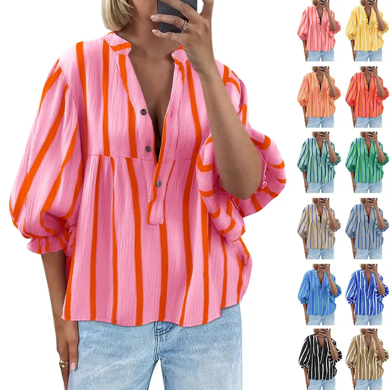 TANKANEO Women's Striped Pleated Peplum Blouse - Button-Down, Oversized, Breathable, Elastic Casual Puff Sleeve V-Neck Flowy Top for Outdoor, Party