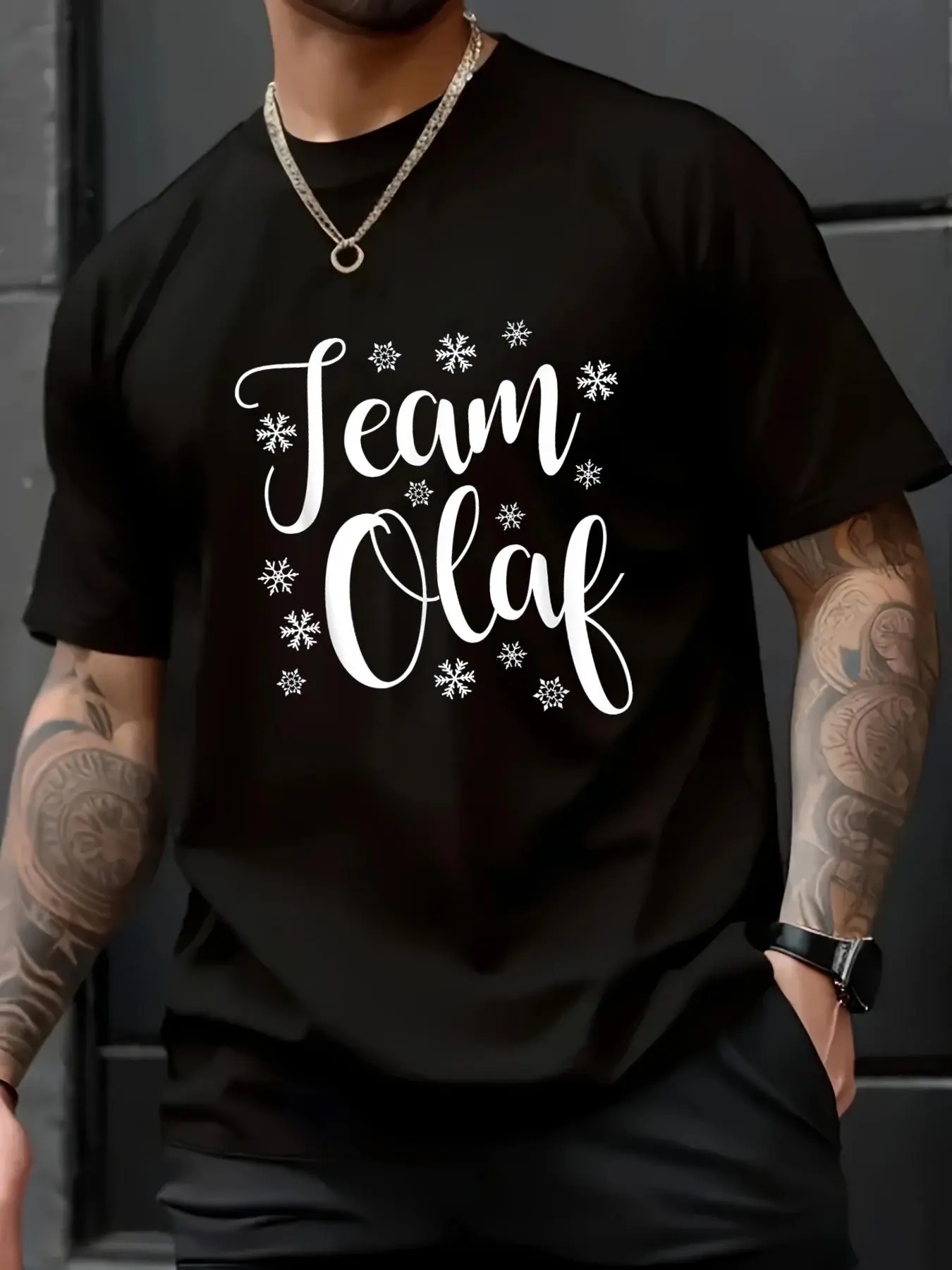 Men's Casual Christmas T-Shirt with Team Olaf Snowflake Print, Unisex 100% Cotton Shortsleeve Loose Fit Round Neck Tee, Menswear
