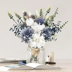 Der Rose Fake Flowers in Vase Silk Artificial Navy Blue Flowers Arrangements with Glass Vase for Dinning Coffee Table Centerpieces Home Kitchen Farmhouse Wedding Decor