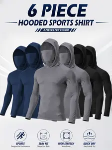 Men’s hooded sports tops available in sets of 6 or 3, featuring a mask design, high-stretch quick-dry fabric, sun protection and breathability—ideal for outdoor activities, fishing, and working outdoors in sunny conditions.