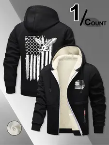 Patriotic Street Style Eagle Cartoon Print Hoodie, Warm Sherpa Lined Jacket for Winter, Casual Fitted American Trendy Activewear for Daily Wear Tops