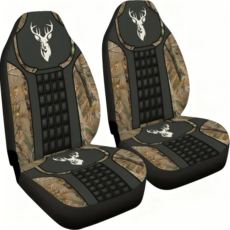 Two-piece deer-pattern car seat covers, specially designed for the front seats, feature a high-back design and are made of polyester. These seat covers are compatible with sedans, SUVs and trucks. Automotive seat covers Car Accessories