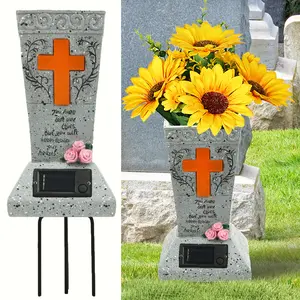 A classic solar-powered tombstone vase with LED lights, a monument decoration fixed on the plastic ground, a family-themed outdoor cemetery decoration, including a stand for artificial/real flowers