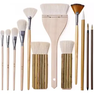 12 PCS Pottery Glaze Brushes Set with Goat Hair & Hake Brush,Professional Soft Bristle for Ceramic, Pottery, Clay, Acrylic Painting