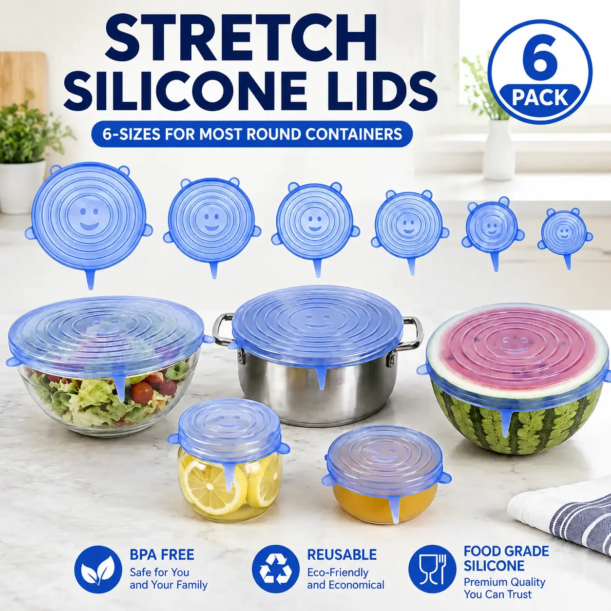 6-Pack Silicone Stretch Lids (2.6in, 3.7in, 4.3in, 5.5in, 6.3in, 7.7in) - BPA-Free Food-Grade Reusable Covers for Bowls, Pots, Cups