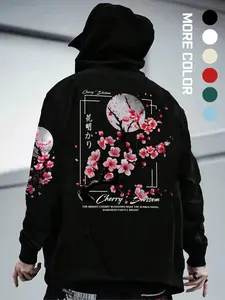 Men's Graphic Letter Sakura Print Hoodie Long Sleeve Casual Streetwear Loose-Fitting Fall & Winter Fashion, Letter Pattern