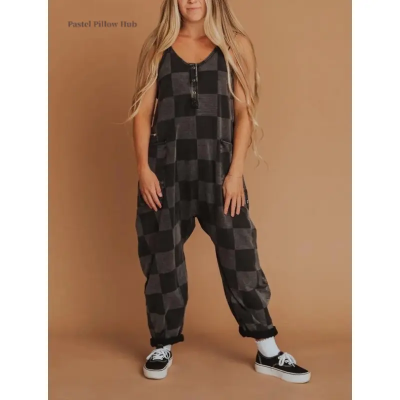 Women's Plaid Color Block Overalls, Casual Oversized Jumpsuit with Sleeveless Vest Top and Adjustable Strap, Fit
