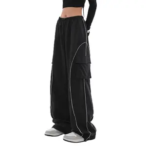 Women Y2K Parachute Low Rise Track Pants Wide Leg Cargo Pants Pockets Drawstring Casual Pants