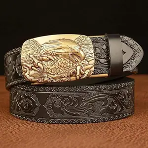 New Eagle Automatic Buckle Men's Belt, Cowhide Personalized Carved Belt, Casual Men's Jeans Belt Leather Design