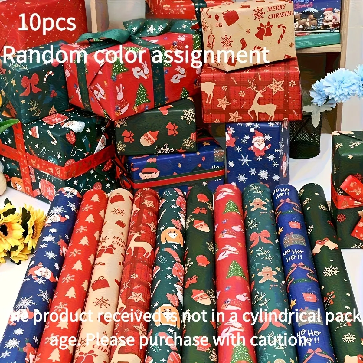 10 Rolls Christmas Wrapping Paper, Cartoon Theme, Reusable Wall Stickers, Gift Packaging, Durable Paper Material, Santa Tree and Reindeer Design, Gift Wrapping Supplies