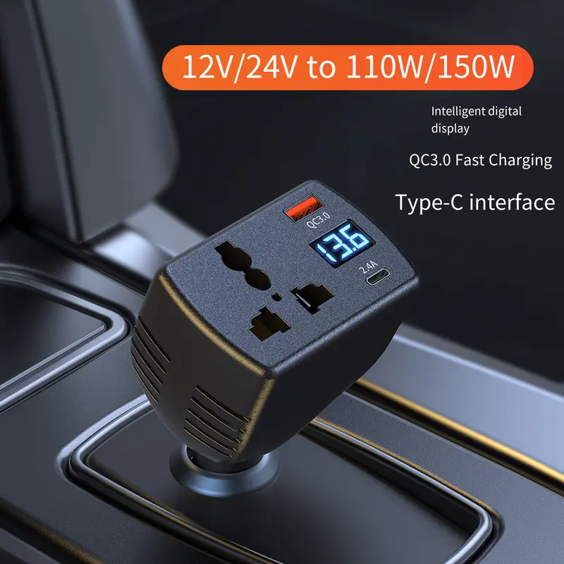 Nuokaiqi 12V to 110V 150W Car Power Inverter Adapter - QC3.0/PD Fast Charge, Universal Outlet Suits Most Gadgets, Compact Car Gadgets for Travelers, All Seasons Solar-Compatible Home Improvement Accessory, Adapter Converter