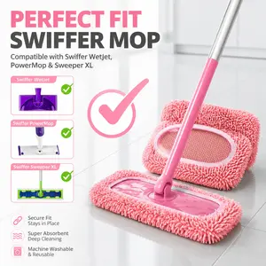 4 Pack Replacement Mop Pads for Swiffer Sweeper | ONLY PADS, NO MOP INCLUDED! Chenille Washable Wet/Dry Cloths (Pink)