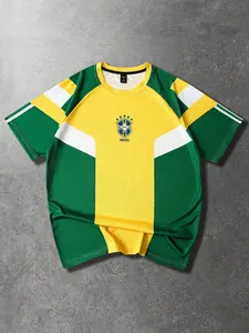 Brazil Football Jersey Print Short Sleeve T-Shirt, Street Style Soccer Aesthetic Top, Quick-Dry Mesh Fabric, Comfortable, Jersey Shirts