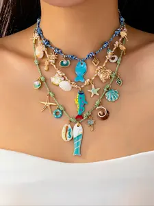 3 PC Summer Bohemian Beach Necklace for Women, Ocean Theme Charm Necklaces Set, Colorful Rope Cord Multilayer Necklace with Seastar Pendant, Layering Necklaces