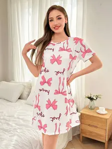 Butterfly Knot Print Sleepwear Loungewear, Sweet Girl Soft Adorable Style, Short Sleeve Loose Fit, Comfortable Skin-Friendly Fabric
