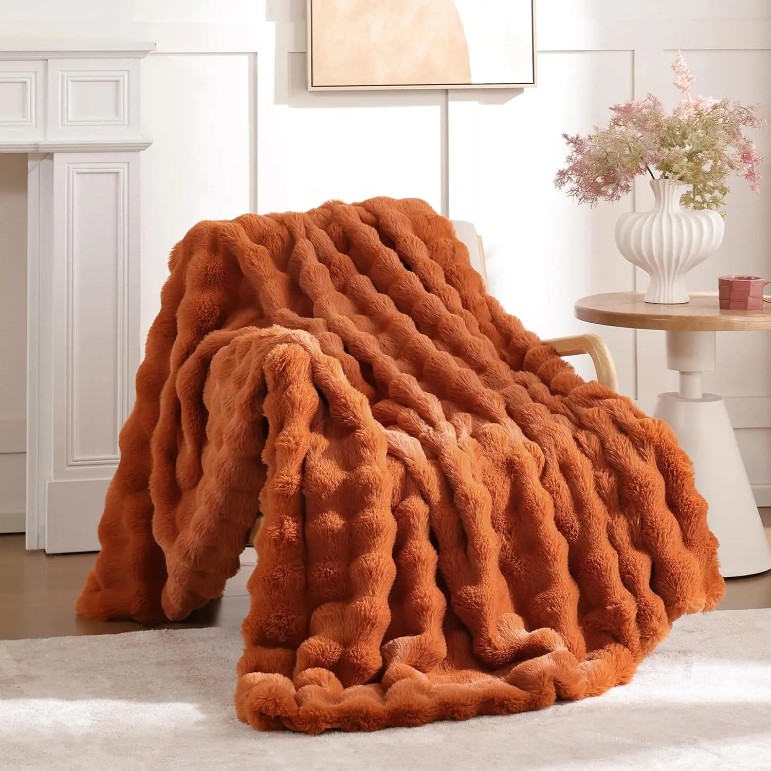 Faux  Fall Throw Blanket for Couch - Burnt Orange Fluffy Cozy  Fleece, Plush Soft Bubble Blanket for Sofa & Bed, for Mom, Warm Fuzzy  Room Decor Throw 50" x 60"
