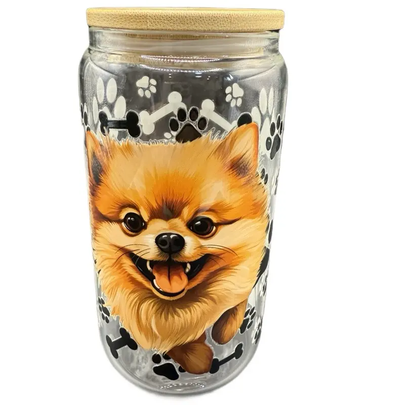 Dog Lover Glass Can Cup – Paw Print Edition with Adorable Pomeranian Design and Bone Accents