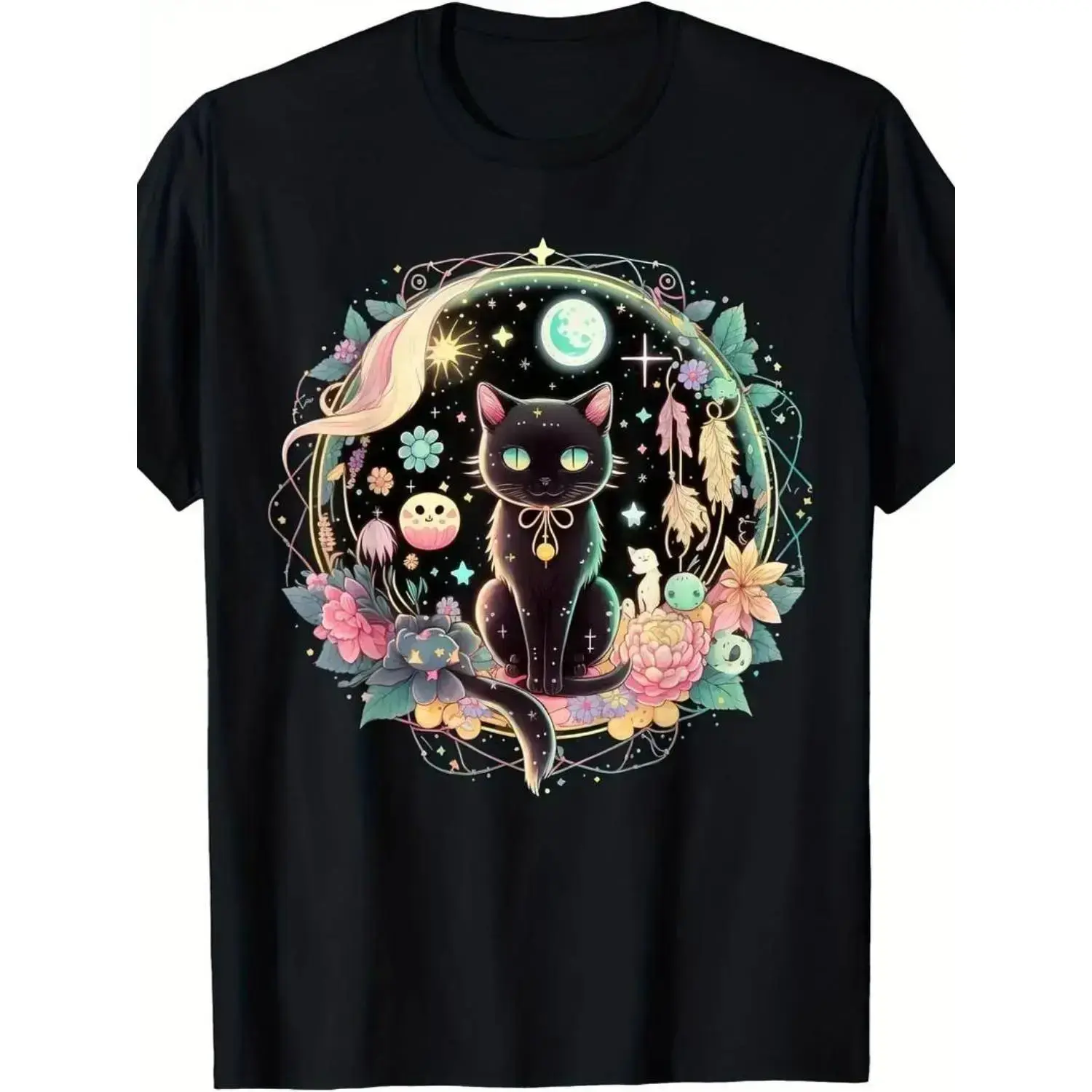 [Kawaii Gothic T-Shirt] Cute Black Cat Kawaii Gothic Moon Phase Crystal Witch T-Shirt pxt01