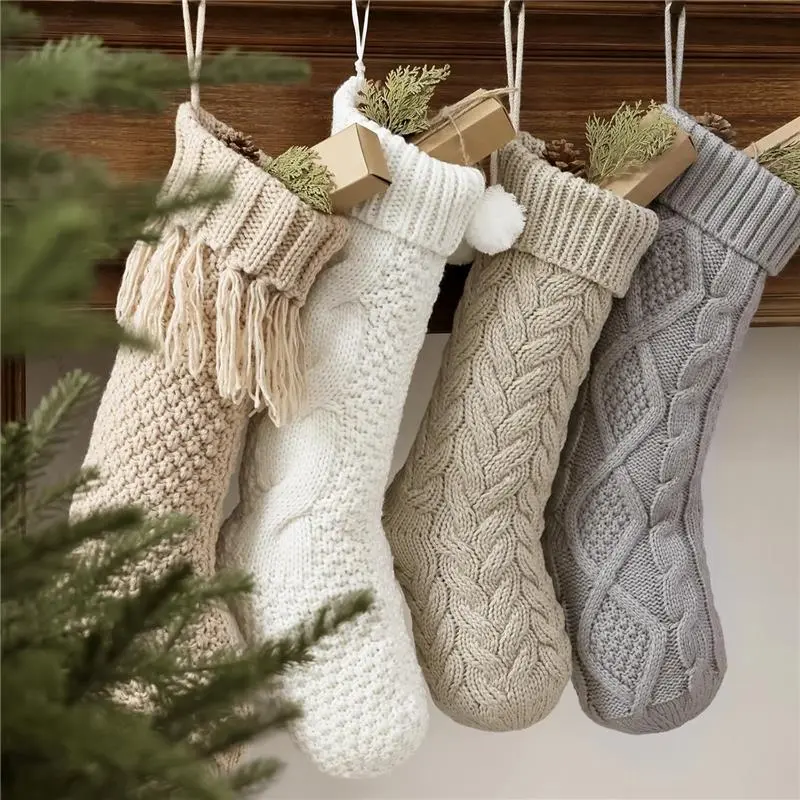 Knitted Christmas Stockings: 4 Pack 18 Inch Cable Knit Christmas Stockings, Cozy Hanging Xmas Stockings Boho Farmhouse Decorations for Family Holiday Décor, White Gray Beige