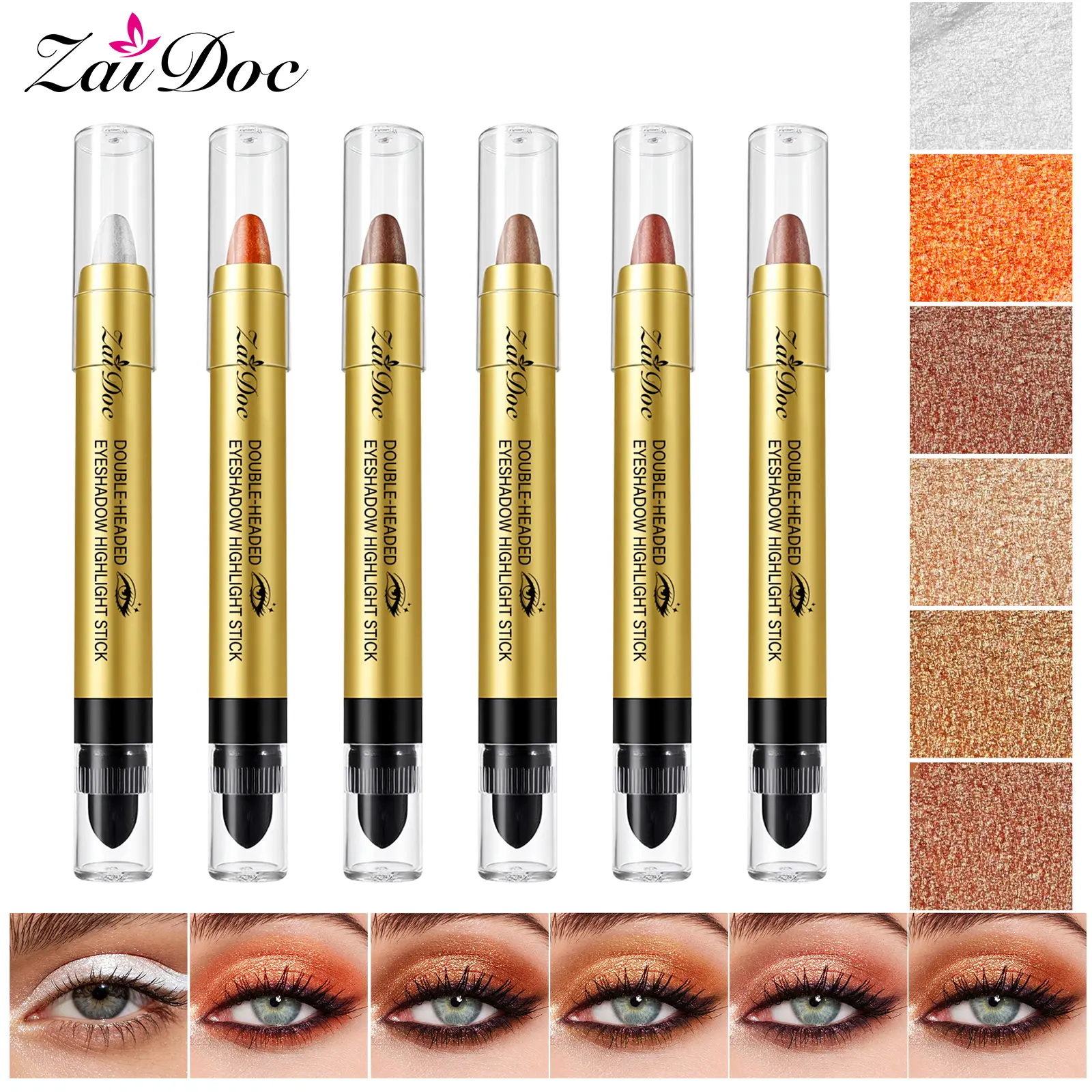 Zaidoc 6-Color Double-Headed Eyeshadow Highlight Sticks Glittery Creamy Texture for Quick Eye Makeup Touch-Ups Versatile & Convenient