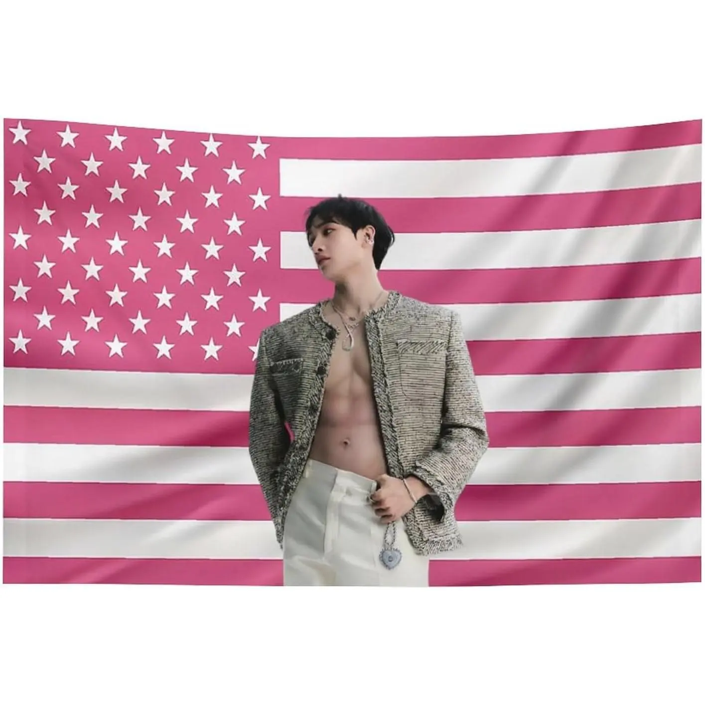Art Tapestry Actor Star Wall Tapestry Bangchan Pink American Flag Poster Suitable for College Dormitory Bedroom Living Room Office Party Decoration Goods Gift