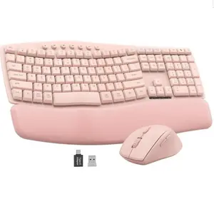 Wireless Keyboard and Mouse Combo, SABLUTE MA41 30dB Quiet Ergonomic Wave Keyboard Set with Soft Leather Palm Rest, Dual-System Switch for Windows/Mac, Ideal for Business Teams Home Office