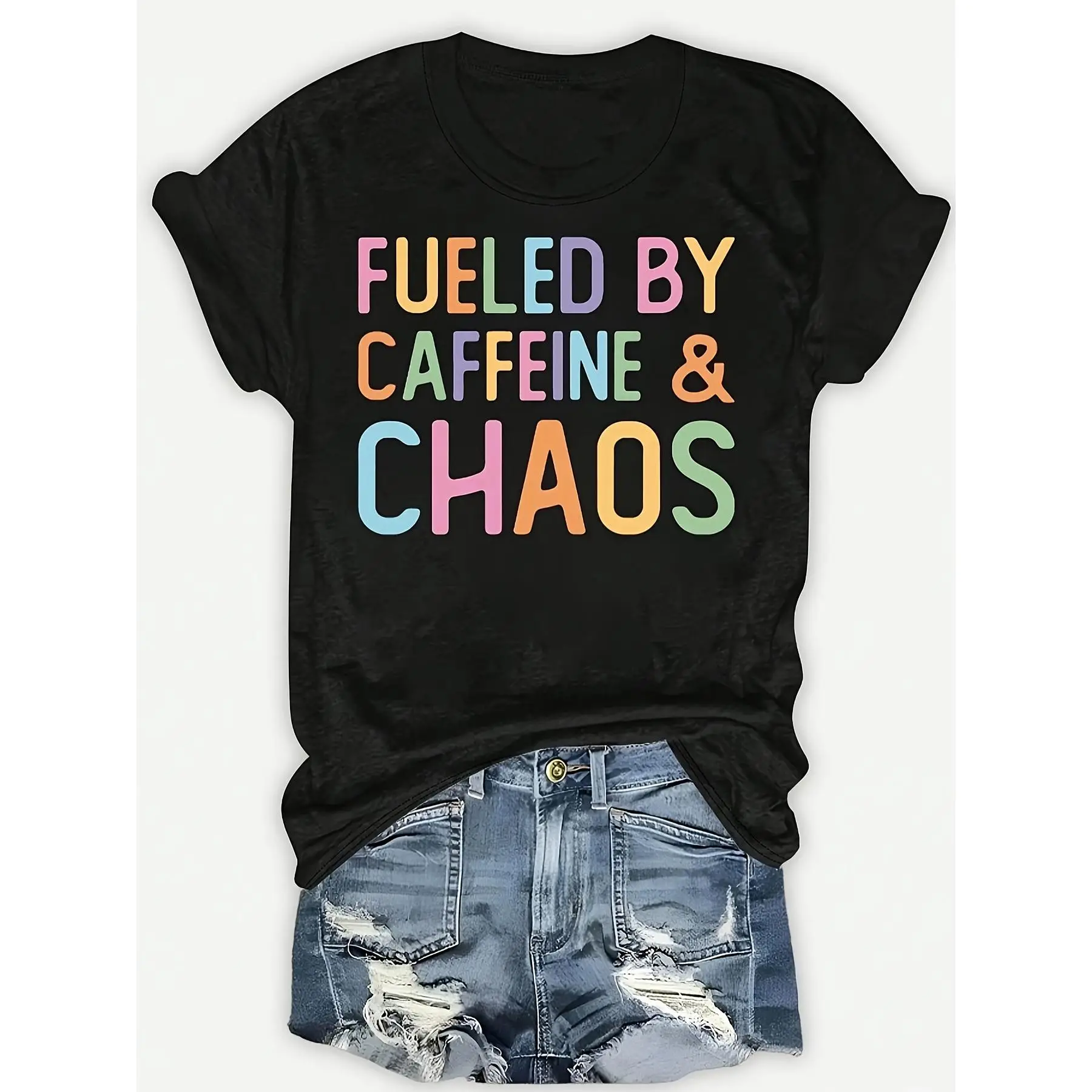 Women'S "Fueled by Caffeine & Chaos" Graphic Tee - Black Casual Crew Neck Short Sleeve T-Shirt with Colorful Letter Print, Perfect for Spring/Summer,