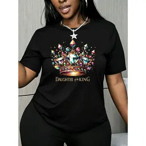 100% cotton, women's short-sleeve top DAUGHTER OF THE KING with colorful diamond crown print, comfortable, soft, breathable, suitable for spring, summer, and autumn, versatile women's top