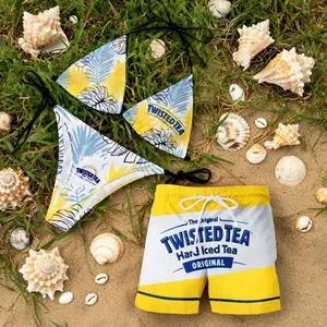 Twisted Tea Lemon Summer Bikini Set & Matching Swim Trunks, Couples Swimwear, Tropical Hibiscus Bathing Suit, Summer Vacation Gift for Her Him