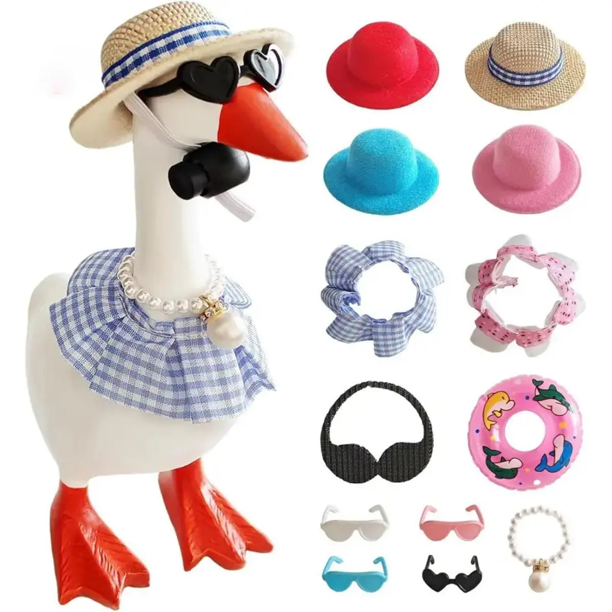 7-Inch Desk Goose Outfit Set - 13-Piece Mini Wardrobe with Hat, Sunglasses, Bikini, Swim Ring, Magnetic Porch Goose Keychain, Dresses - Whimsical Room Accessories for Decorating, Office Gift