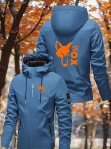 Men's Printed Fox Hooded Hiking Casual Athletic Jacket, Lightweight Durable 100% Polyester, Zipper Outdoor Sports Coat, Embroidered Logo, Casual Spring & Fall Wear, Athlete Jackets