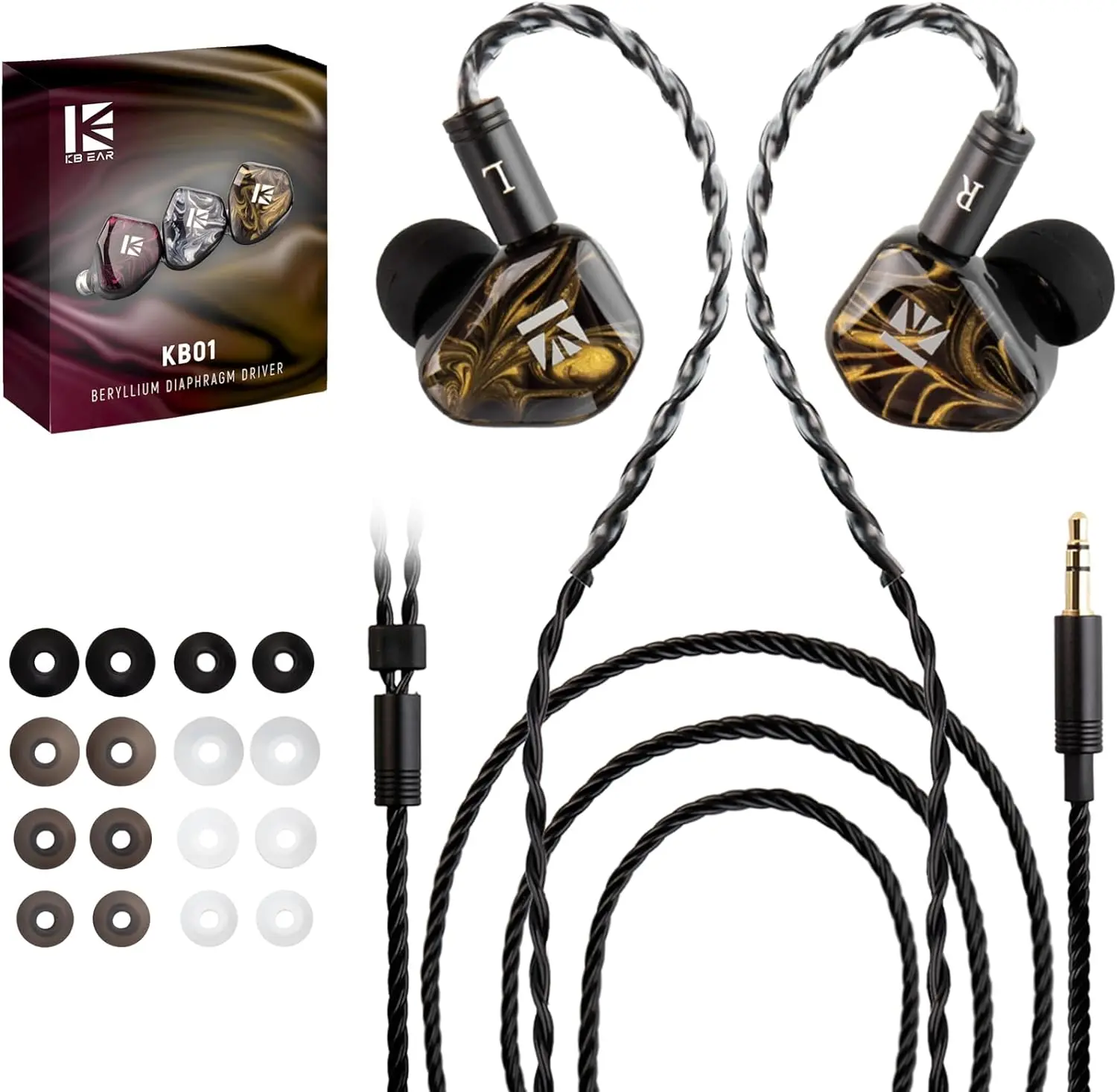 KBEAR KB01 Professional Wired Earphones In-Ear Monitors (IEMs) - HIFI Stereo Audio Headphones with Beryllium Diaphragm DD Driver, 6N OFC Cable, 9 Eartips, Plug Connector, Gold/White/Red Hybrid Design