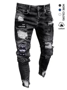 Men’s slim-fit ripped jeans, patch denim, casual fashion jeans, embroidered casual pants, stretchy ripped jeans with embroidery, casual and stylish, comfortable for all seasons, medium stretch fabric Streetwear Classic