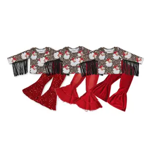 Girls' 2-Piece All Seasons Leopard Print Costume Set - Long Sleeve Santa Tassel Top, Red Sequined Flared Pants for Black Friday, Holiday Celebrations (Leopard Print Set)