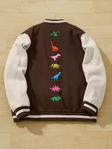 TikMen Men's Dinosaur Print Baseball Jacket, Casual Streetwear Style, Long Sleeve Colorblock Sleeves, Loose-Fitting, Fall & Winter, Unisex