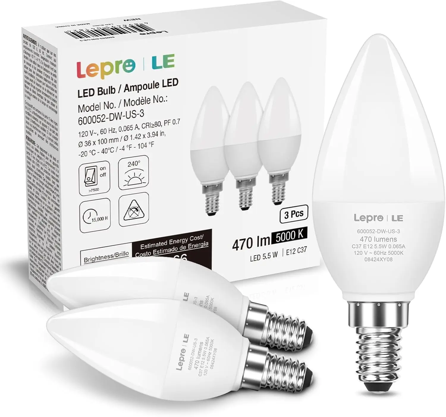 Lepro E12 LED Candelabra Light Bulbs, 5.5W Energy Efficient (40W Equivalent), 5000K Daylight White, B11/C37 Shape, Small Type B Base, Plastic Material, Non-Dimmable Ceiling Fan & Chandelier Bulbs