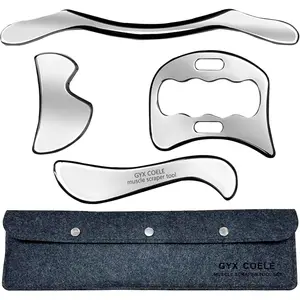 4-in-1 Stainless Steel Gua Sha Muscle Scraper Tool Set, Professional IASTM Physical Therapy Hand Tool for Body Care Massage & Scraping (4-Piece with Carry Bag)