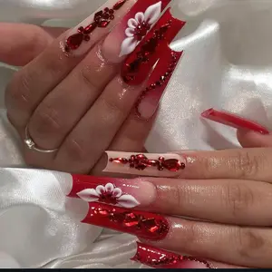 Long Square 3D White Camellia & Rhinestone Decor Fake Nail, 24pcs Glossy Press on Nails with Nail File & Nail Tape, Elegant Stick on Nails Kit