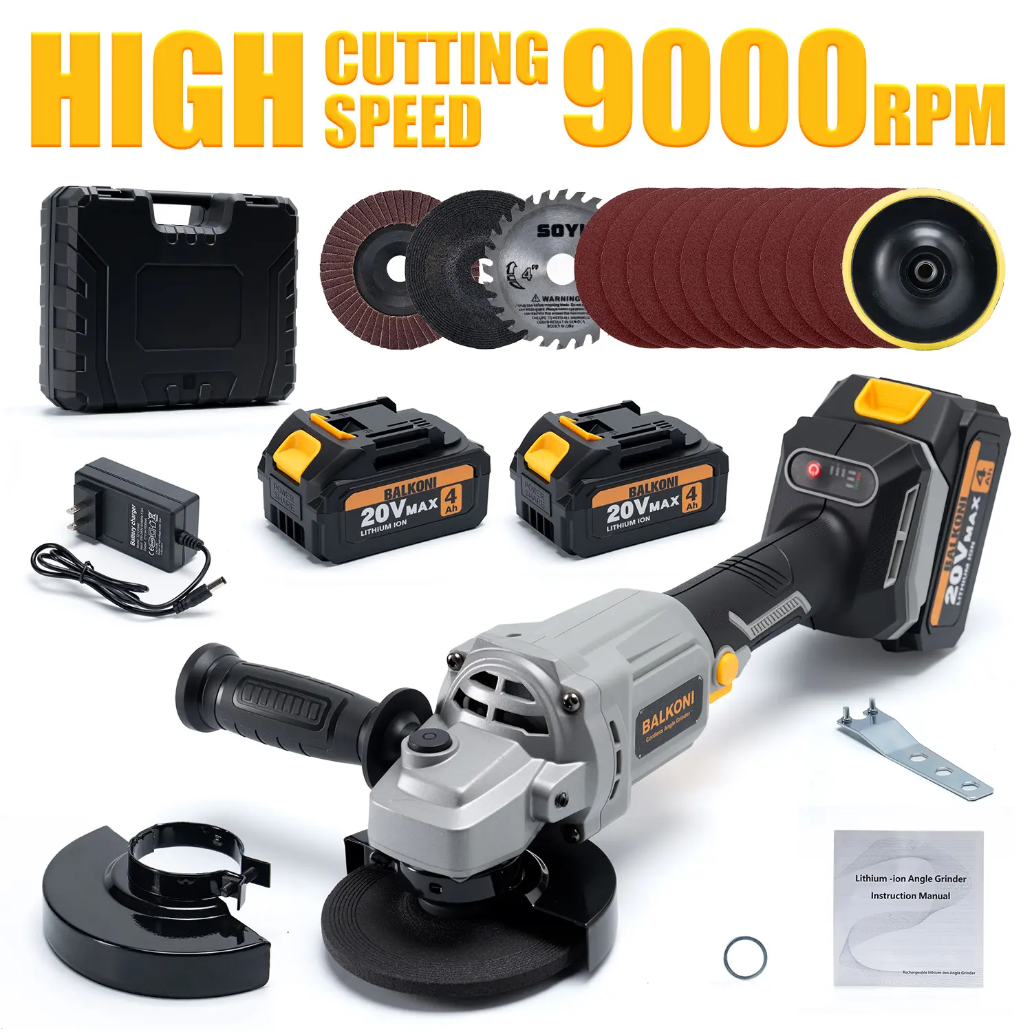 Cordless Angle Grinder (Angle Grinding Machine) with 2 Batteries, Brushless Motor, 3-Adjustable Settings Including Dual Speed Grinding, 9000 rpm Max No Load Speed, Compact Design & Extensive Accessories for Polishing (Power Tools Grinders)