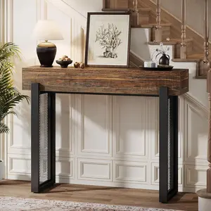 LITTLE TREE 41" Wood Console Table with Storage, Industrial Small Entryway Table with Mesh Metal Legs, Narrow Sofa Table Behind Couch for Living Room, Entryway, Foyer, Hallway