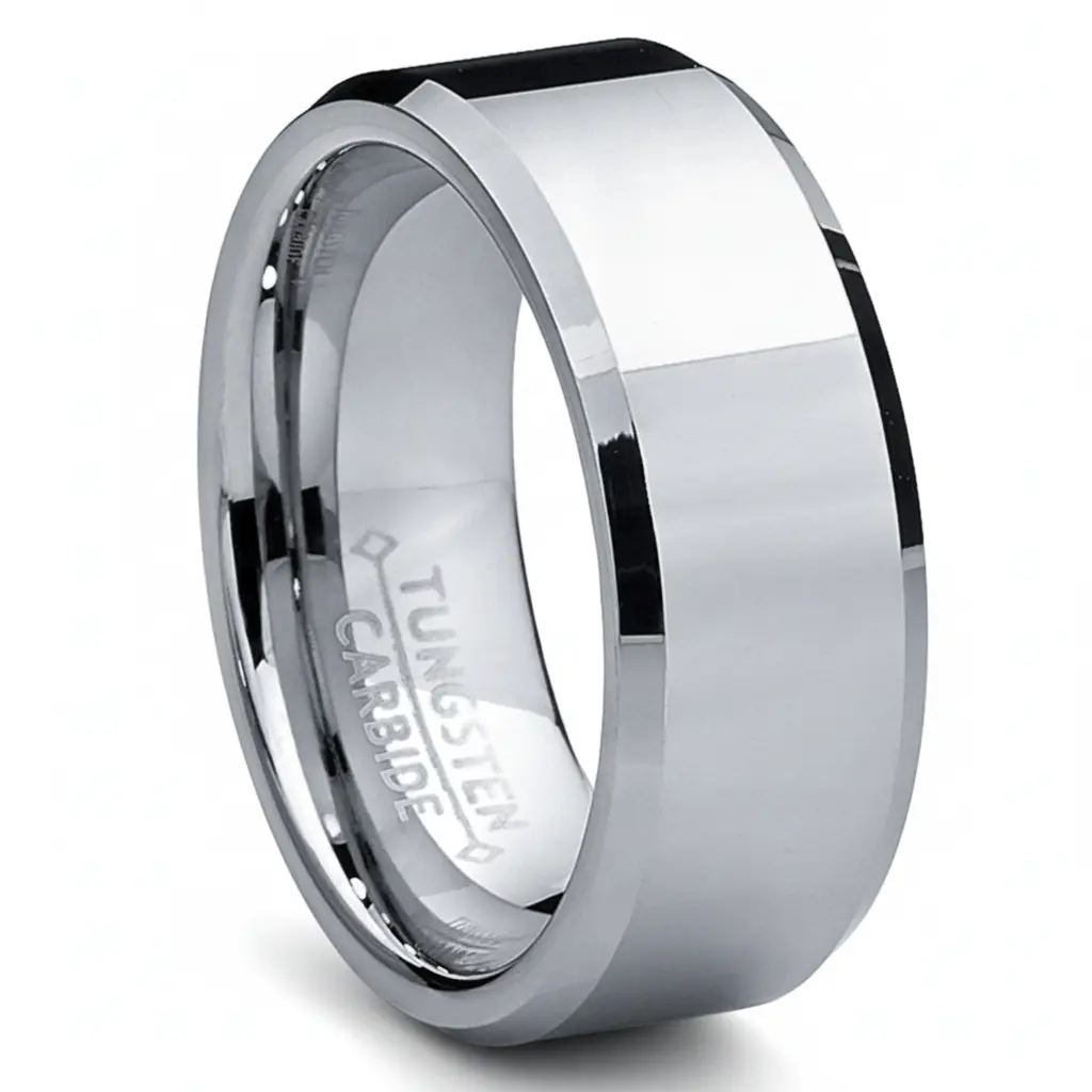 Men's High Polish Beveled Edge Tarnish-Resistant Tungsten Carbide Ring, Adults Male Ring Jewelry with Laser Engraving, Sizes 5-15 for Everyday Wear