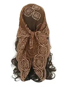 Floral Mesh Scallop Design Bandana, Boho Style Floral Embroidered Scarf, Women's Scarf for All Seasons, Fashion Accessories for Women & Girls, Boho Style Shawl