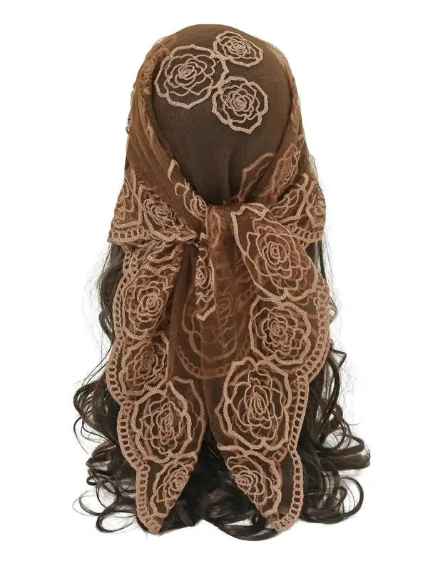 Floral Mesh Scallop Design Bandana, Boho Style Floral Embroidered Scarf, Women's Scarf for All Seasons, Fashion Accessories for Women & Girls, Boho Style Shawl