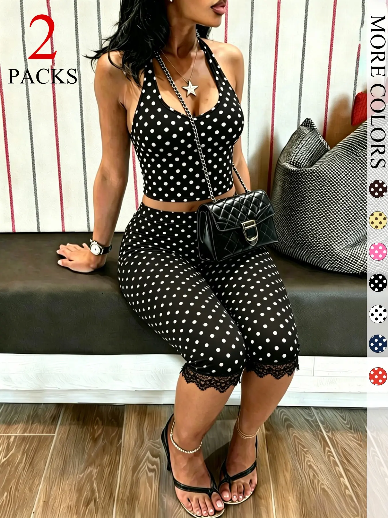 2 Pack Women's Polka Dot Halter Top & Capris Pants Set, Slim Fit 2 Piece Summer Outfits, Casual, Aesthetic Trendy Western Goth Streetwear with Paisley Print Vibe, Perfect for Coachella & Daily Wear
