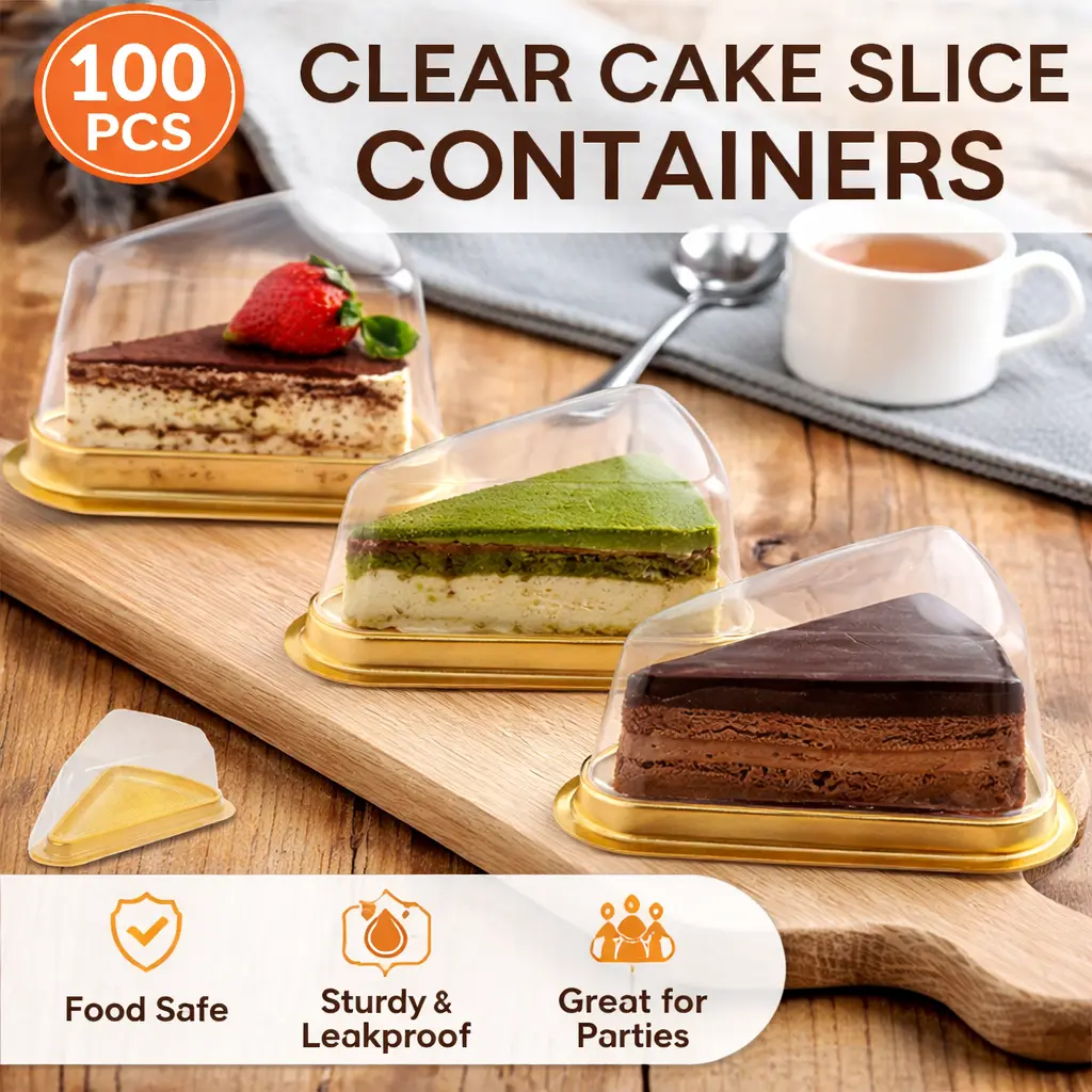 100 Set Triangle Cake Slice Boxes – Clear Lid Dessert Containers for Baking, Birthday Party, Wedding Favors – Includes 100 Bases & 100 Covers