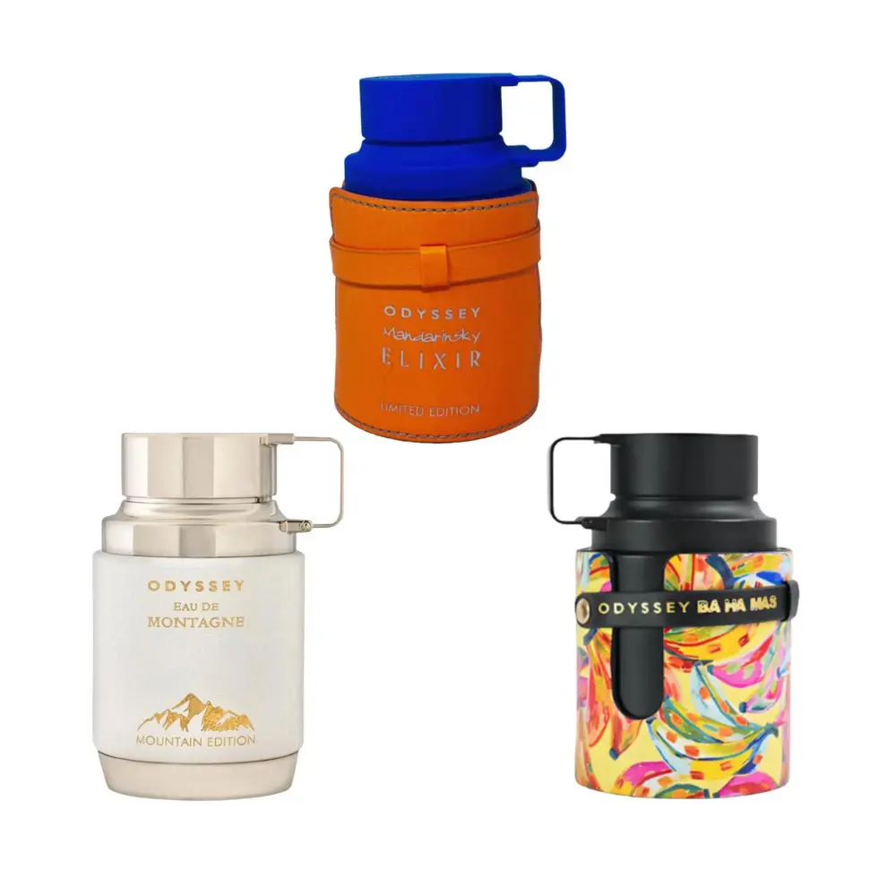 Armaf Odyssey Designer-Inspired EDP 3-Pack Perfume Set - Mandarin Sky Elixir, Montagne, Ba Ha Mas (3.4 fl oz Each) with Citrus, Vanilla, Amber, Cacao Sandalwood, Spice Almond Top Notes for Men & Unisex