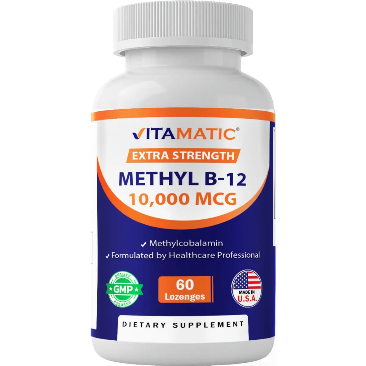 Vitamatic Methyl B12 (Methylcobalamin) 10,000 mcg Dietary Berry Chewable Lozenges - 60 Count, Gluten-Free, US-Made, Magnesium-Infused, Daily Energy & Brain Health Supplement