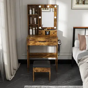 Vanity Table with Mirror & Adjustable LED Lights, Power Outlet, Hairdryer Holder & Stool – Compact Dressing Desk for Small Bedrooms